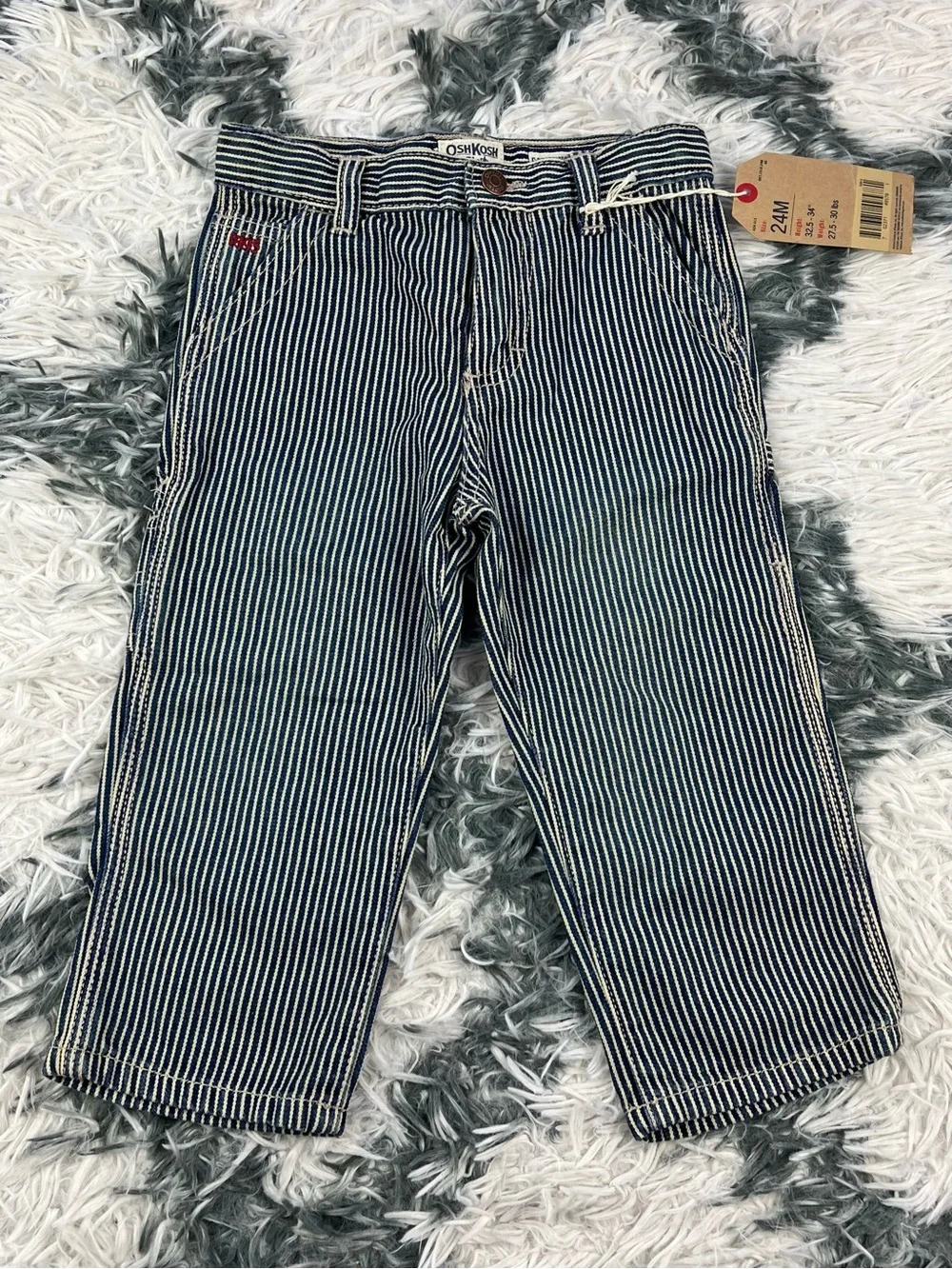 NWT Oshkosh B’gosh Kids Toddler Carpenter Jeans Blue White Hickory Striped 24M
